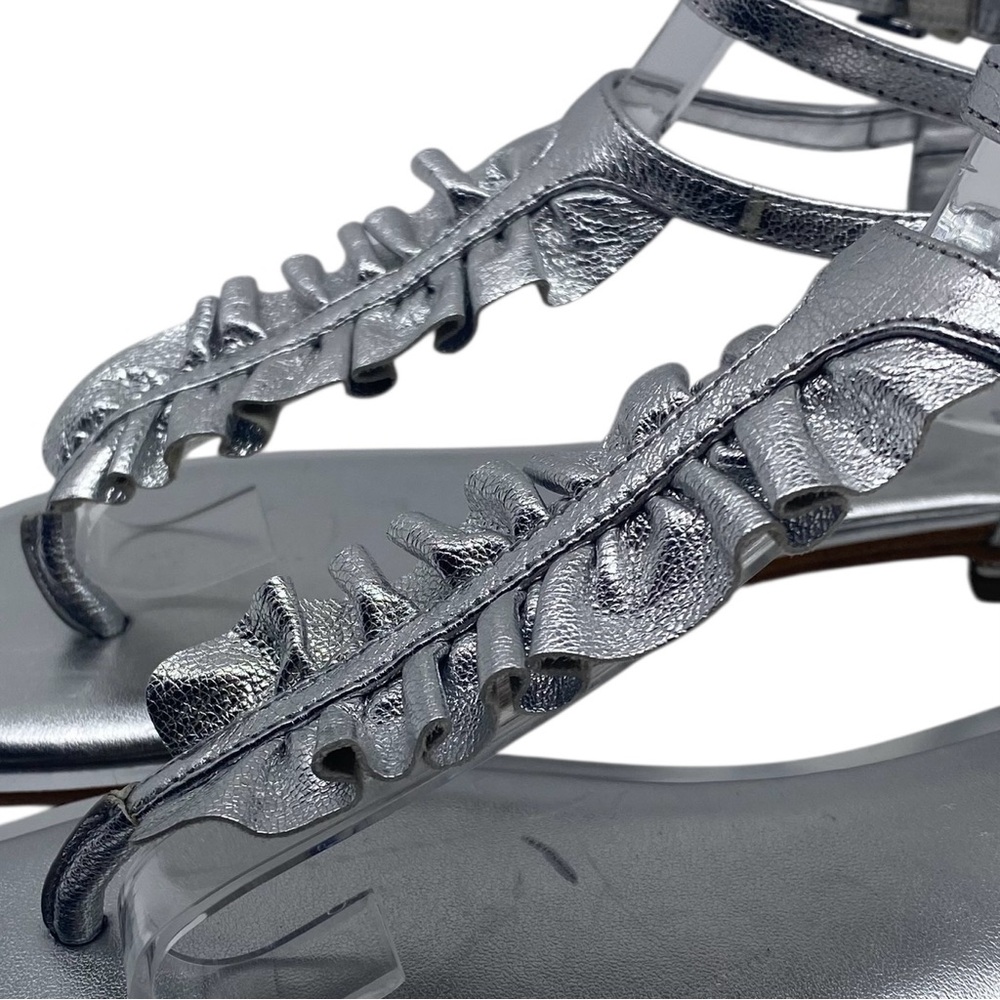 Michael Kors Womens Shoes Bella Sandals 8 Silver Leather Ruffled Flat Strappy - Picture 3 of 13